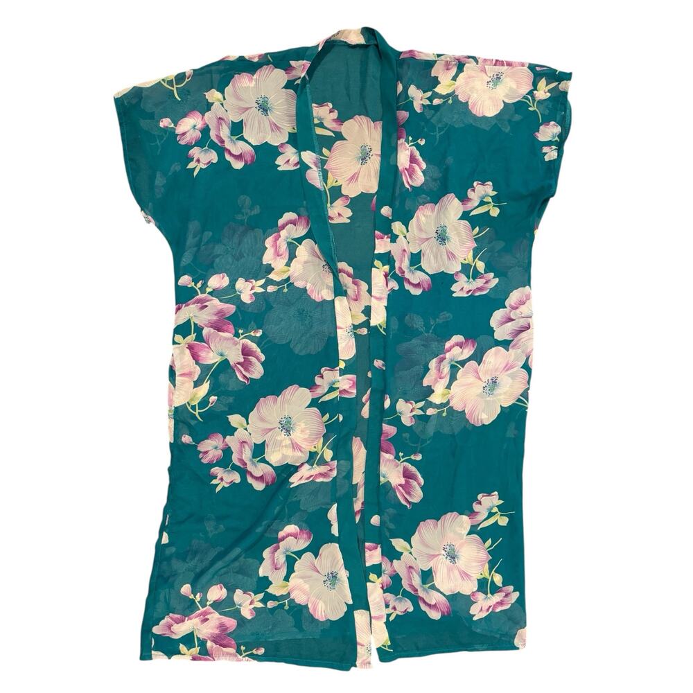 Women’s One Size Sheer Floral Kimono Cardigan Cover Up Teal Floral Lightweight - Picture 4 of 6